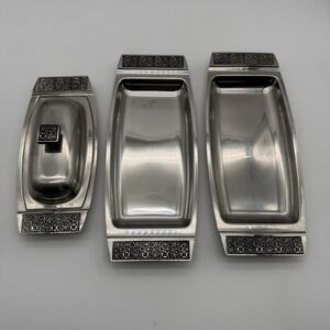 Vintage Stanley Roberts Stainless Steel Velvet Butter Dish 2 Bread Serving Trays